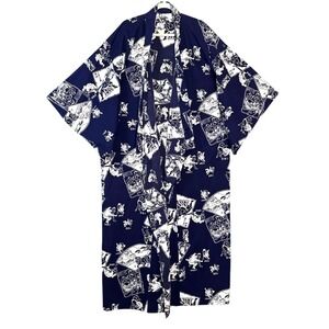 Haori Kimono Jacket Japanese Sumo Print Cotton Unisex Navy White Vintage Long